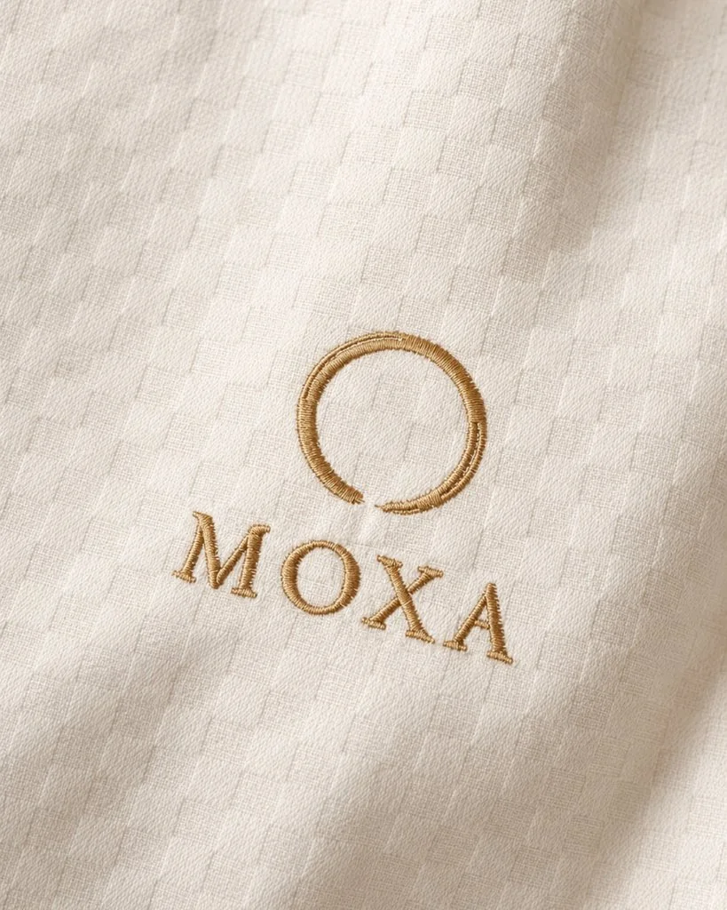 Bright MOXA embroidered treatment linen at Moxa Wellness Toronto