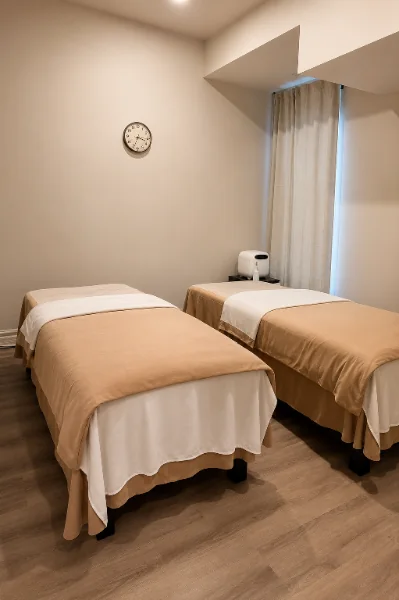 Two massage treatment beds in a bright room at Moxa Wellness Toronto